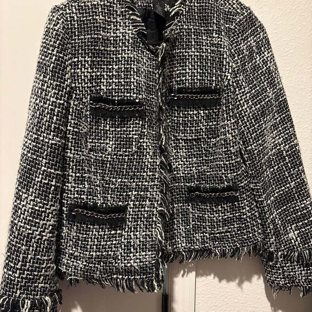 INC International Concepts Tweed Jacket Size L Black White Fringe